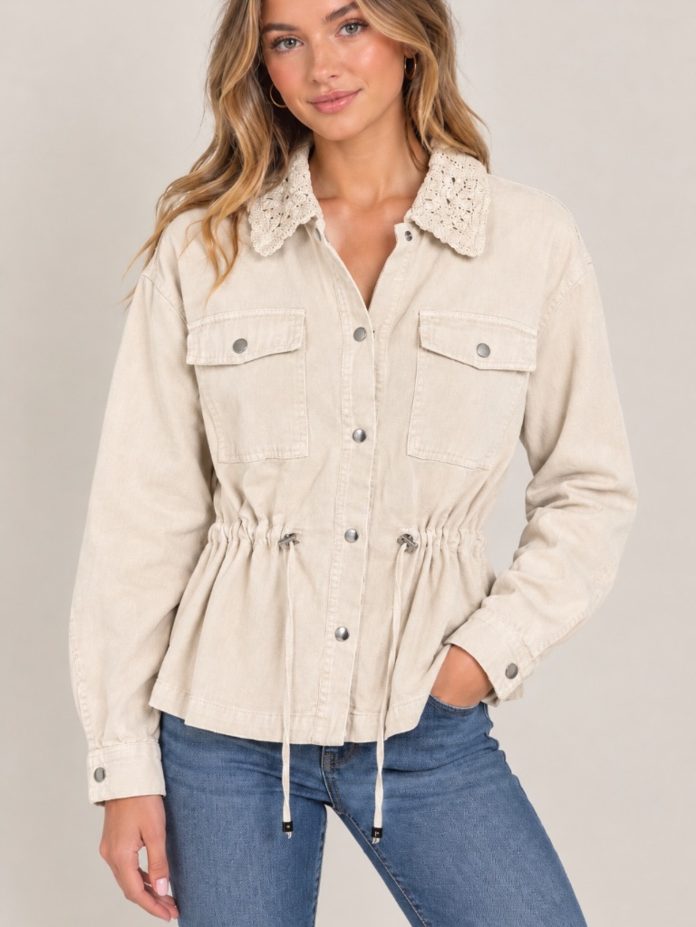 ZARA 100% Cotton Crochet Embroidered Collar Cinch Jacket Ivory Women’s Small